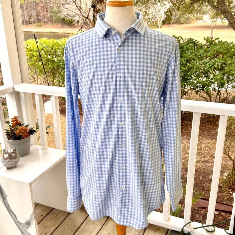 Mizzen + Main Tall Trim Check Performance Gingham Dress Shirt. Light blue/white.